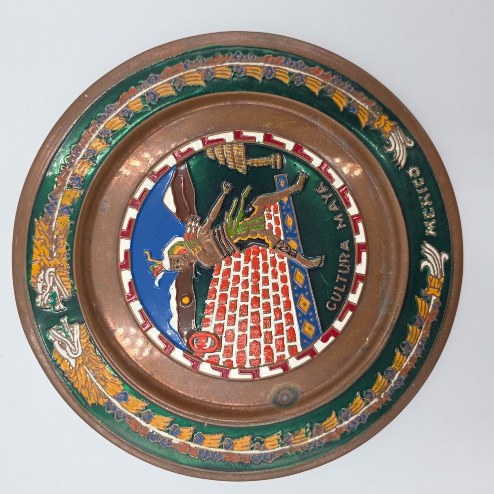 Vintage Mexico Copper/Brass Enamel Aztec Cultura Maya Plate 8" Patina - Picture 7 of 7